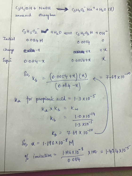 C3H50 H Nao + C3 HsO NaH20 ) weauaad Hs2 t H,0 3 H tOH Initial 0084 M 0.0054 change xec- tx O 084-2 0.0054 1) (x) (0 64-) -10