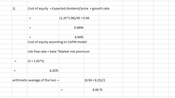 Cost of equity = Expected dividend/price + growth rate (1.25*1.06)/45 +0.06 0.0894 8.94% Cost of equity according to CAPM mod