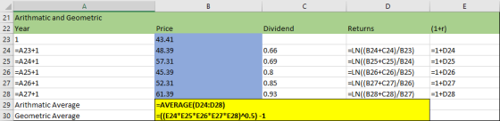 Returns (1+r) 21 Arithmatic and Geometric 22 Year 23 1 24 =A23+1 25 =A24+1 26 =A25+1 27 =A26+1 28 =A27+1 29 Arithmatic Averag
