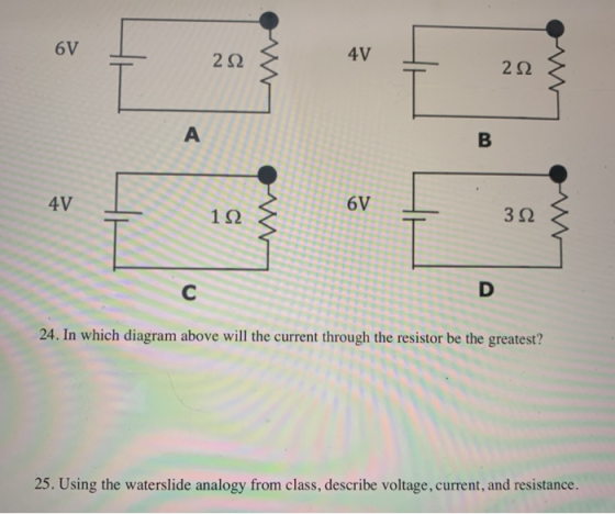 6V 22 < 4V 24. In which diagram above will the current through the resistor be the greatest? 25. Using the waterslide analogy