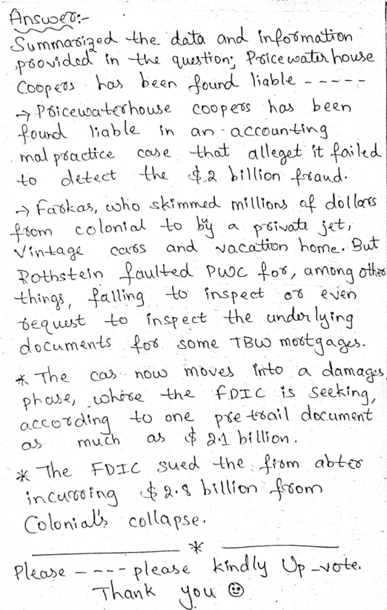 Cars Answer: Summarized the data and information provided in the questions Pricewater house Coopers has been found liable » P