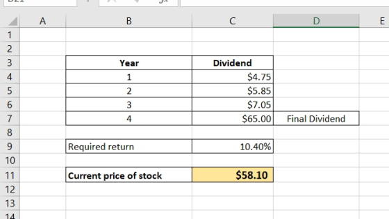 A В C E 1 2 3 Dividend Year $4.75 4 1 $5.85 5 2 $7.05 6 $65.00 7 Final Dividend 4 8 Required return 10.40% 10 Current price o