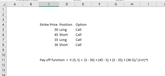 Strike Price Position Option 50 Long Call 45 Short Call 35 Long Call З0 Short Call 10 Pay off function V (s, t) (S - 50)(45 -
