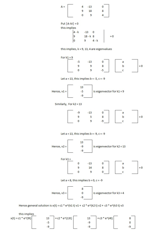 A = 4 -13 0 9 18 0 9 4 Put |A-kll 0 this implies 4 k -13 0 18 - k 8 =0 0 4 k 9 this implies, k 9, 13, 4 are eigenvalues For k