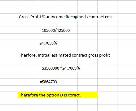 Gross Profit % = Income Recogined /contract cost =105000/425000 24.7059% Therfore, Intitial estimated contract gross profit =