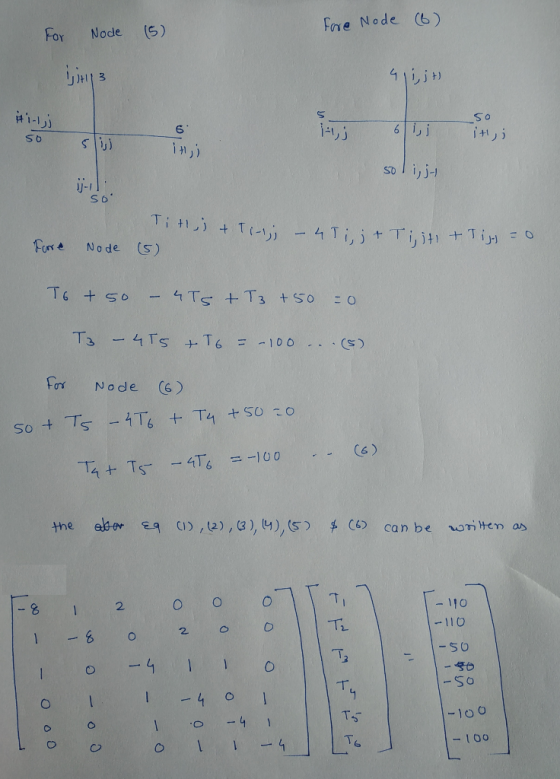 fore Node (6) For Node (5) TH13 41 , jt #1-1) soli, jo so Titij & T- (5) – 4T i, jt Tijt + Tijs = 0 Fore Node To +50 – 4TS +T