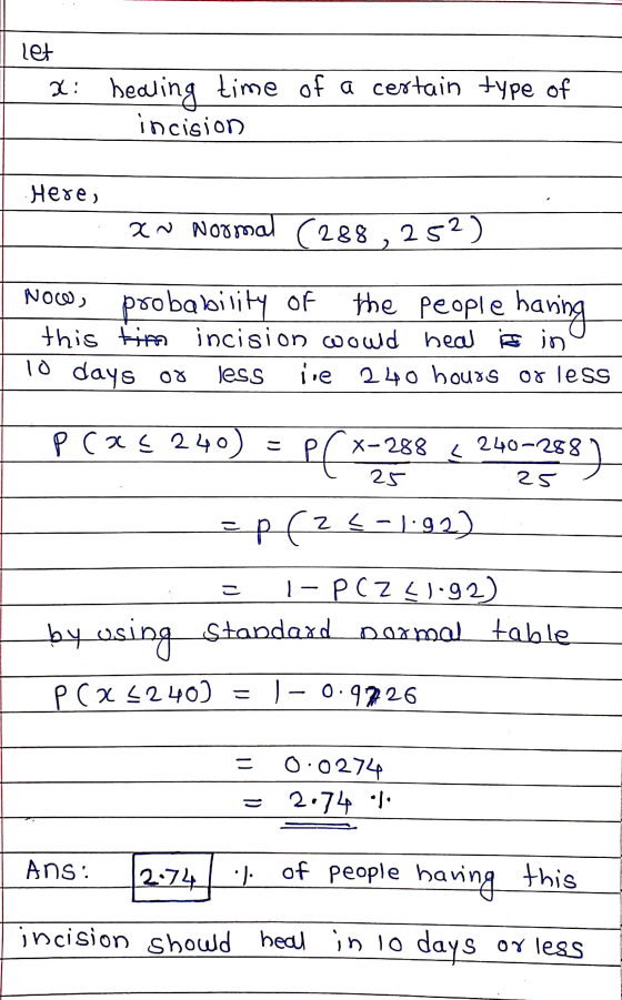 let 2: healing time of a certain type of incision Here, an Normal (288, 252) رئNo the people having probability of this time