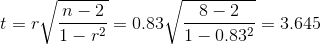 t = r\sqrt{\frac{n-2}{1-r^2}} = 0.83\sqrt{\frac{8-2}{1-0.83^2}}=3.645