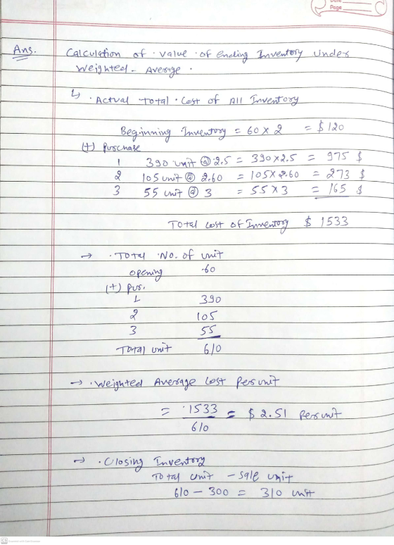 Page (2 Ans. Calculation of value of ending Inventory Under Weighted - Average 4 • Actual total cost of All Inventory $120 Be
