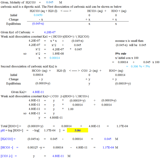 Given, Molarity of H2CO3 = 0.045 M carbonic acid is a diprotic acid. The First dissociation of carbonic acid can be shown as