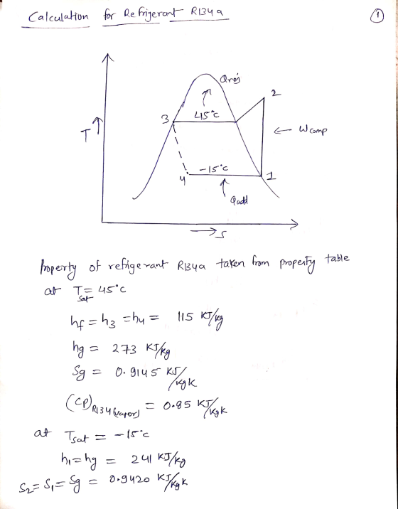 Calculation for Refrigerant R134a (0) ares 1 3 45°c т Wc I comp - Isc 1 Gadd 2 с Property of refrigerant R134a taken from pr