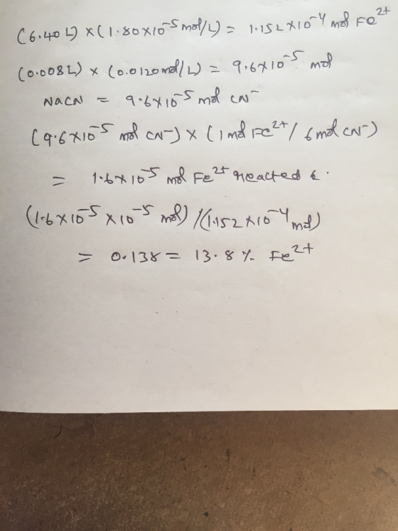 2t (6.40 b) x (1.80x10 mol/L) = 1.1528104 mol Fo 24 (0.008L) x (0.0120ml/w = 9:64105 mol Nacal = 9.6x105 mol can (9.6x10s mo