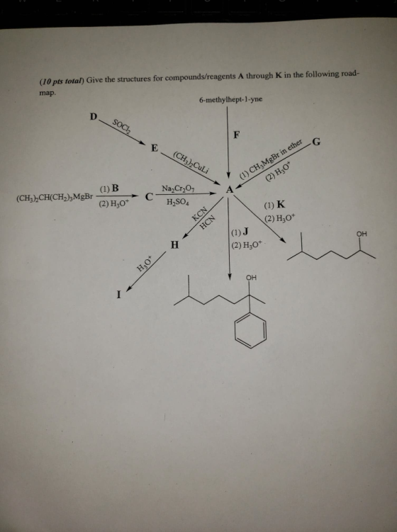 (10 pts total) Give the structures for compounds/reagents A through K in the following road- map. 6-methylhept-1-yne SOC!2 F