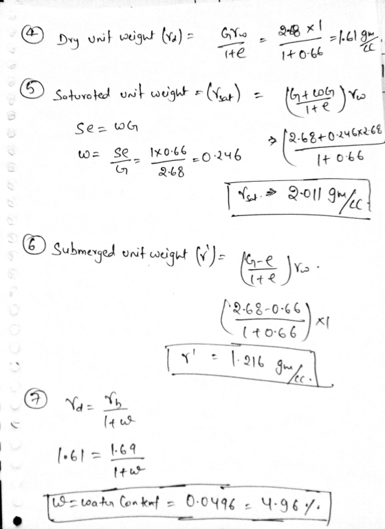 ① Dry unit weight (ra) = 248 x1 Home -1.61 ③ Saturated unit weight = (reat) = (b + on you se=wG 0.24662.68 1X0.66 - 12066-0-2