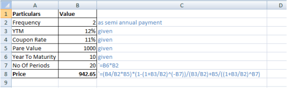 А 1 Particulars 2 Frequency 3 YTM 4 Coupon Rate 5 Pare Value 6 Year To Maturity 7 No Of Periods 8 Price в Value 2 as semi ann