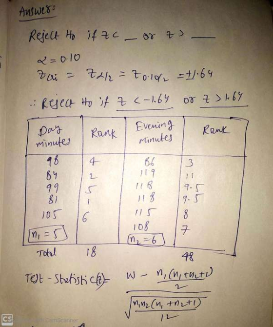 Answers Reject to if tc - orzu - &=0.10 toi = 7h = 70.10 = +1.64 Reject to if 7 (-1.64 of 7 3 167 Rank Day minutes Evening Mi