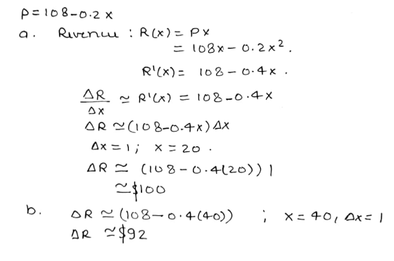 p=108-0.2 x a. Revenu: R(x) = px =108% - 0.2x2. R(x)= 10%-0.4*. AR ~ RC = 10%-0.4 x AR ~(108-0-4x) AX Ax = 1; X-20 AR = (108