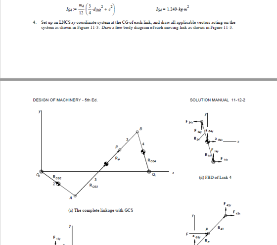 164 = 1.249 kg-m? 4. Set up an LNCSxy coordinate system at the CG of each link, and draw all applicable vectors acting on the