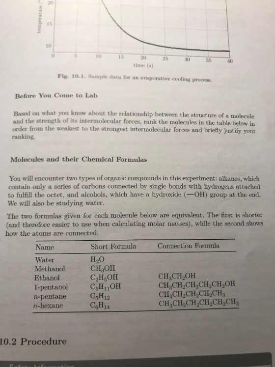 temperature 310 20 time (s) 40 Fig. 10.1. Sample data for an evaporative cooling process. Before You Come to Lab Based on wha