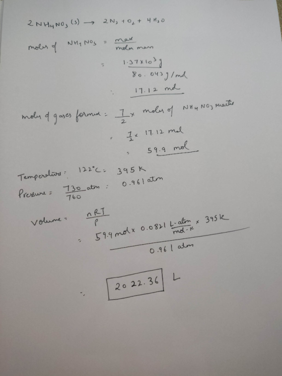 2 NH ₂ NO₂ (s) 2N, 10, + 4H2O moler man moles of Why Nog man do mar - 1.378103g 80.043 g/mol : 17.12 mol moly a gases formed