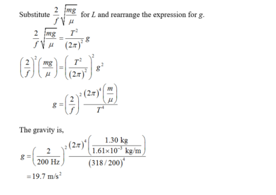 Substitute for L and rearrange the expression for g 2mg (21) T4 4 m The gravity is, 1.30 kg 2 (2(1.61x 10-3 kg/m (318/200 20