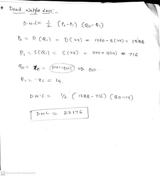 * Dead weight Loss D.wike (P-P) Co-Q1) P2 =D (QI) = D. (24) 1460 - 3(24) = 1388 Pie SCQ,) s (24) 500+ 9 (24) = 716 Po = the =