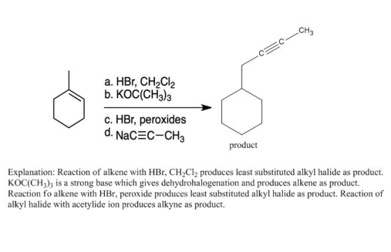 a. HBr, CH2Cl2 b. KOC(CH3)3 c. HBr, peroxides d. Nac=c-CH product Explanation: Reaction of alkene with HBr, CHCl, produces le