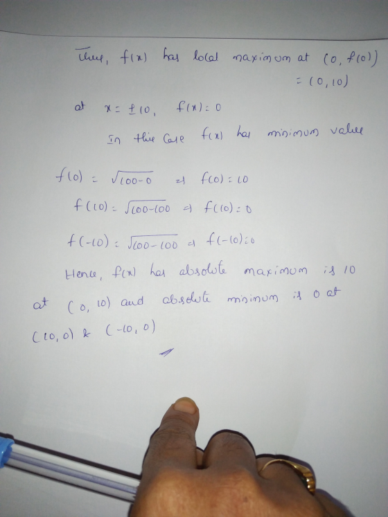 They fin) has local maximum at (o, f(0)) = (0,10) at x = t1o. fludio In this case fins har minimum valele f(0) = 510oro es f(