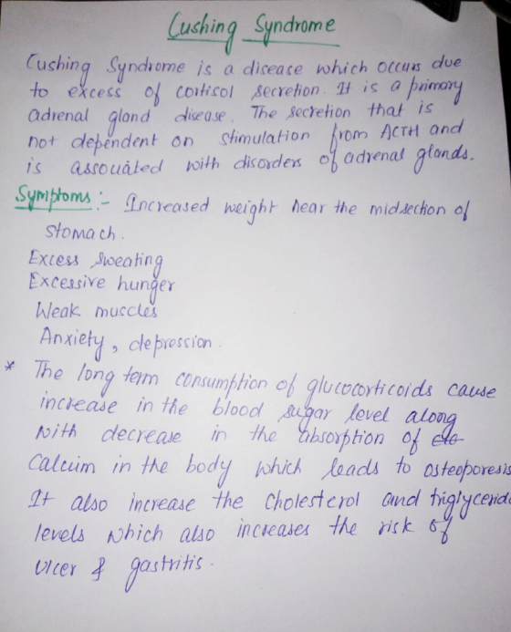 Luching Syncrome Cushing Syndhome is a dicea se which Oturs due is a primo to excess Cotcol secretion 1t adienal glond diseas