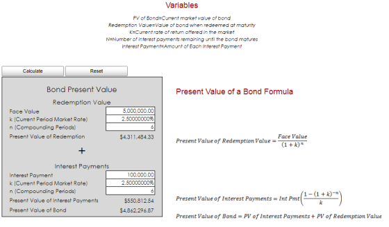 Variables PV of Bond Current market value of bond Redemption Value-Value of bond when redeemed at maturity Current rate of re