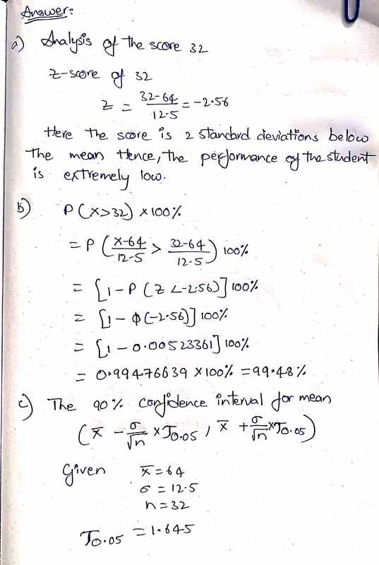 Angwer: Analysis of the score 32 z-score of 32 32-64--2.56 Za 12-5 Here the score is a standard deviations below The mean Hen