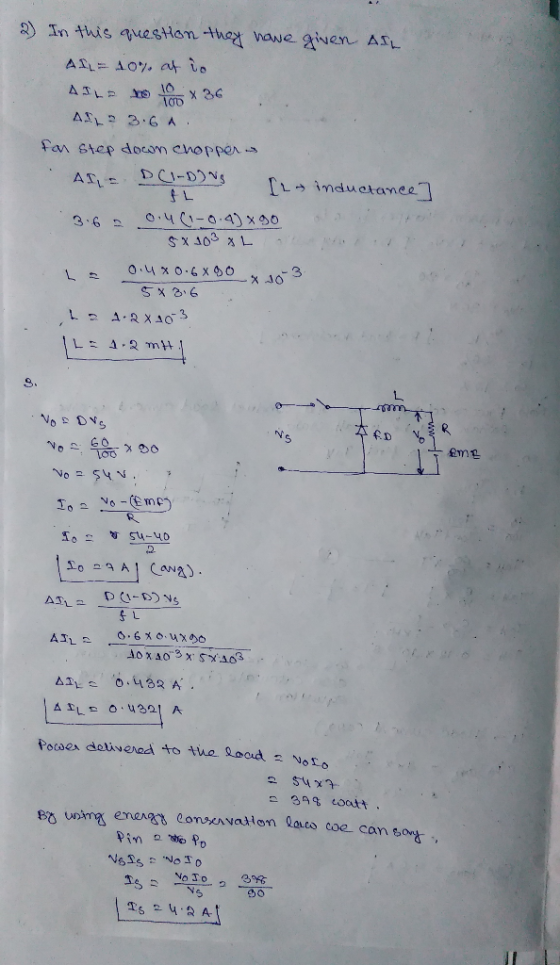 2) In this question they have given ASL ALL = 10% at io AILE to 10 x 36 ALE 3.6A for step down chopper - AT E DCI-DONG 3 [+ i