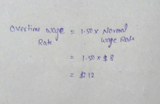 Overtime wage Rate Rate 1.50x Normal wage Rate 1.50 * $ 8 =