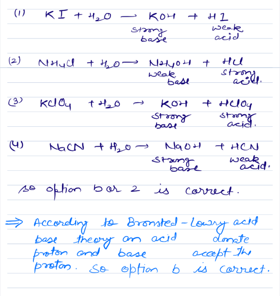 (0 KI + H2O - KOH + H2 Strony weak base acid stamme 1 (2) Nohlad + to Malyou t Hell weak base (3) kelou +20 - Kon thlon Stron