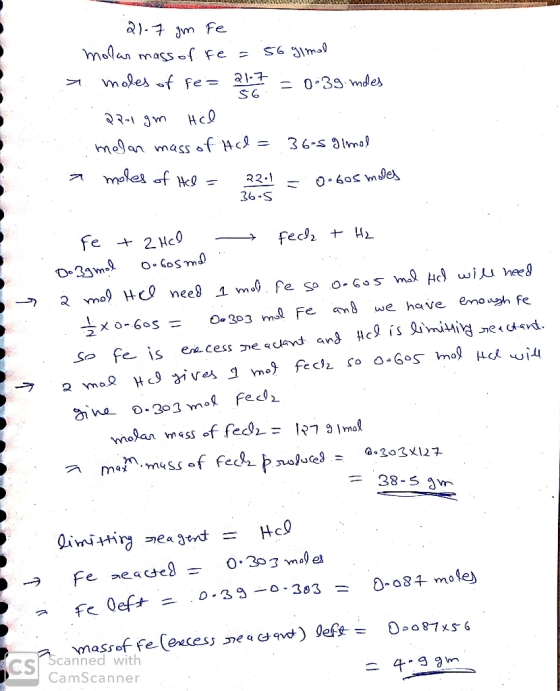 21-7 gm Fe molar mass of fe= 56 g/mol x moles of pe= 21.77 = 0:39.modes 22-1 gm . Hal molar mass of Hd = 36-59 mal a moles of