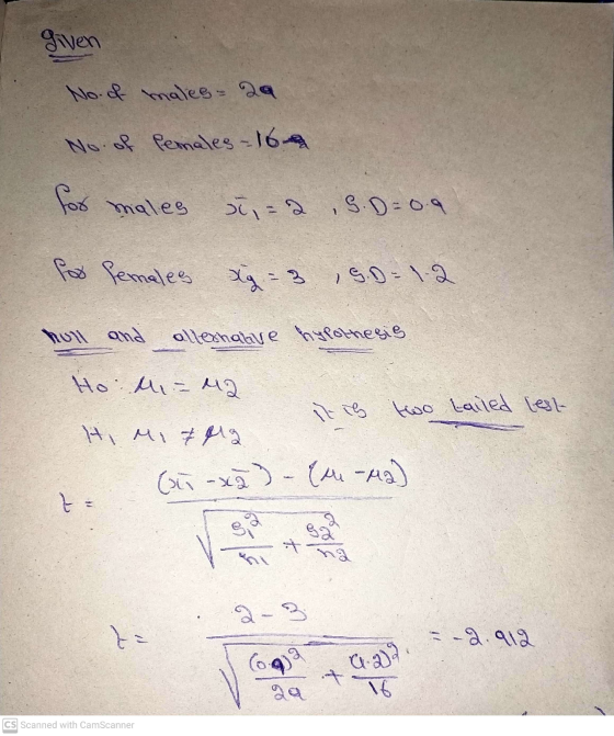 given No. of malee - 29 No. of females -16 for males s=2 S.D=0.9 for females Xy - 3, SD = 1.2 hull and allerhative hypothesis