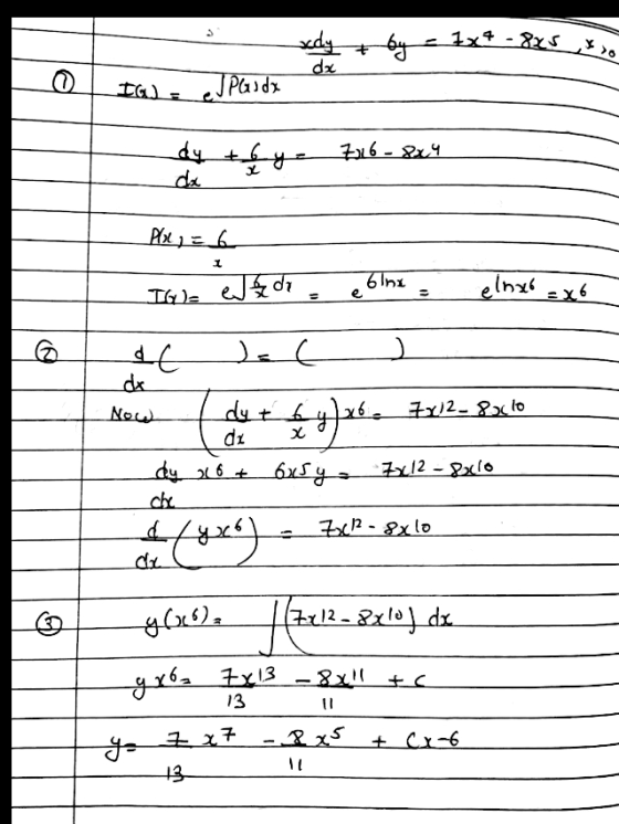 21x4-15 xdy by da 0 IGLE eJ PG sdx d५ - 216 - 24 dx =6 1 6Int IG)= e di elnxo =x6 e - al ). ( क Now d५ + 11/2-8cto di ८ dy 16