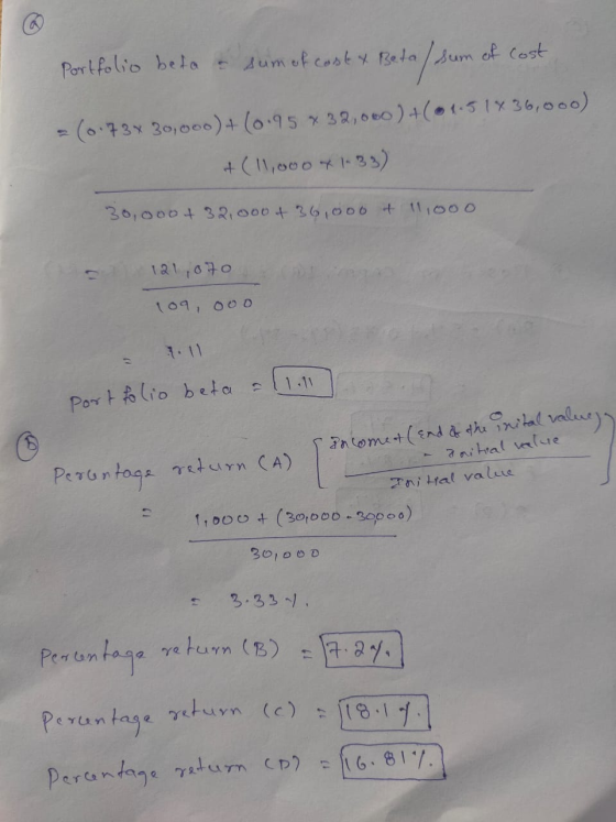 Portfolio beta a sum of cast & Beta/ sum of Cost - (0.73% 30,000)+10.95 x 32,000)+(51436,000) + (11,000 41.33) 30,000+ 32,000