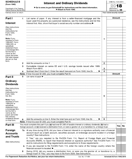 SCHEDULE B (Form 1040) Department of the Tre OMB No. 1545-0074 Interest and Ordinary Dividends 2018 Go to www.irs.gov/Schedul