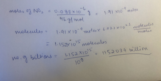 23 moles of NO₂ = 0.088x100g - 1.91 X10 moles 46.91mol molecules = 1.91810-9 molesx 6.022 = 1.152x10s molecules moles no. og