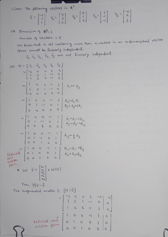 Given: The following vectors in R² ū VE Ma- (a) Dimension of R²-3 number of vectors = 5 We know that a set containing more th