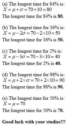 (a) The longest time for 84% is: Xu+o 70+ 10 = 80 The longest time for 84% is 80. (b) The longest time for 16% is: X u-20 70-