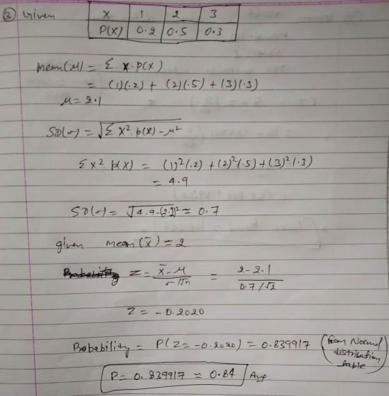③ Given 1 3 Х Ploog 0.210.5 0.3 mean (M = {x. P(x) CU (12) + (2)1:5) +13)(3) u=2.1 Sola) = {x? $(x) = 42 {X? p(x) = (132/12)