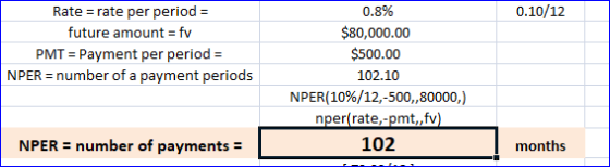 0.10/12 Rate =rate per period = future amount = fv PMT = Payment per period = NPER = number of a payment periods 0.8% $80,000
