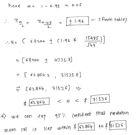 here = 1 -0.95 =ooos za (from table) u +1.96 zoos = 15485) .:: 4 = ( 67200 t (1.96* و ہال (67200 † 4335.8) = [ 62864.2 71535.