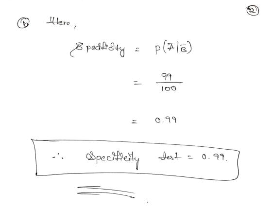 ® Here, 8 pedfilty = P(Ala) 99 100 = 0.99 1 Spechiedly best test = 0.99.1 citie 0.99.