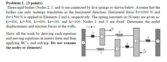 Problem 1. (3 points) Three rigid bodies (Nodes 2, 3, and 4) are connected by five springs as shown below. Assume that the bodies can only undergo translation in the horizontal direction. Horizontal force P2-1000 N and P4-1500 N is applied to Elements 2 and 4, respectively. The spring constants in (N/mm) are given as: ki-400, k2-500, k3-600, k 100, and ks-300. Nodes 1 and 5 are fixed. Determine the nodal displacements and reaction forces at the walls Show all the work by deriving each equation and moving equations in matrix form and then applying BCs and solving. Do not rename the nodes or elements!