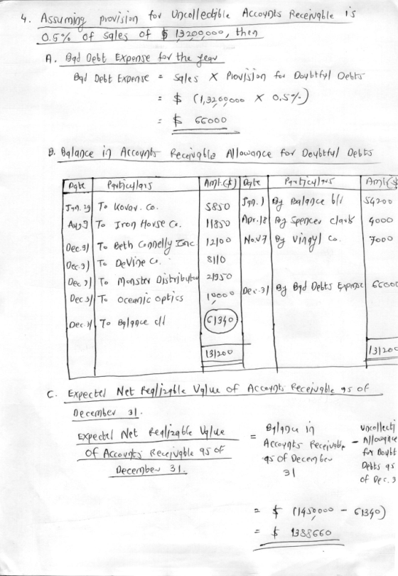 4. Assuming provision for Uncolleckble Accounts Receivable is 0.5% of sales of $ 13200,000, then A. Bad Debt Expense for the