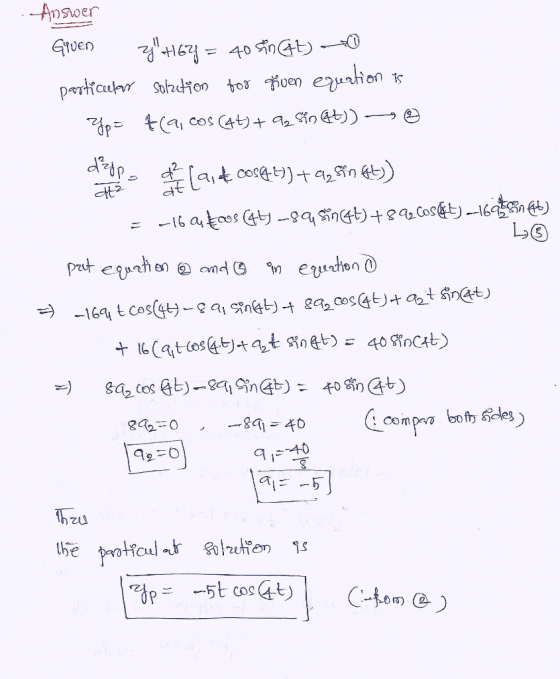 Answer Given z +167 = 40 sin(at) particular solzation for given equation is Zp- traicos (4+)+ Q2 Sin @t)) - e de ene ( 214 c