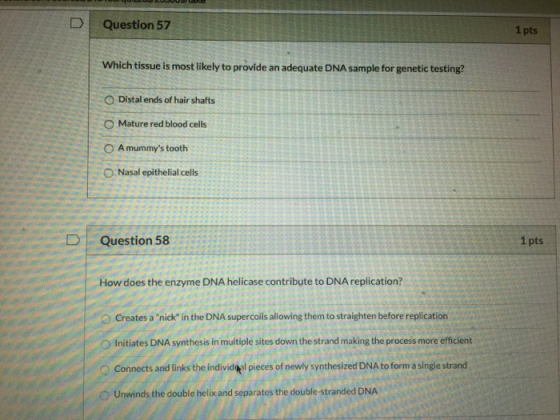 D Question 57 1 pts Which tissue is most likely to provide an adequate DNA sample for genetic testing? O Distal ends of hair